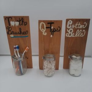 3 pc Handmade bathroom Cotton Ball, Toothbrush & Q-Tip holders w/Mason jars.